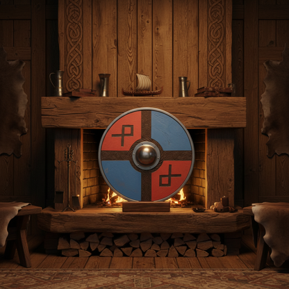 Exact red and blue round Viking shield shown front-facing in a warm themed room