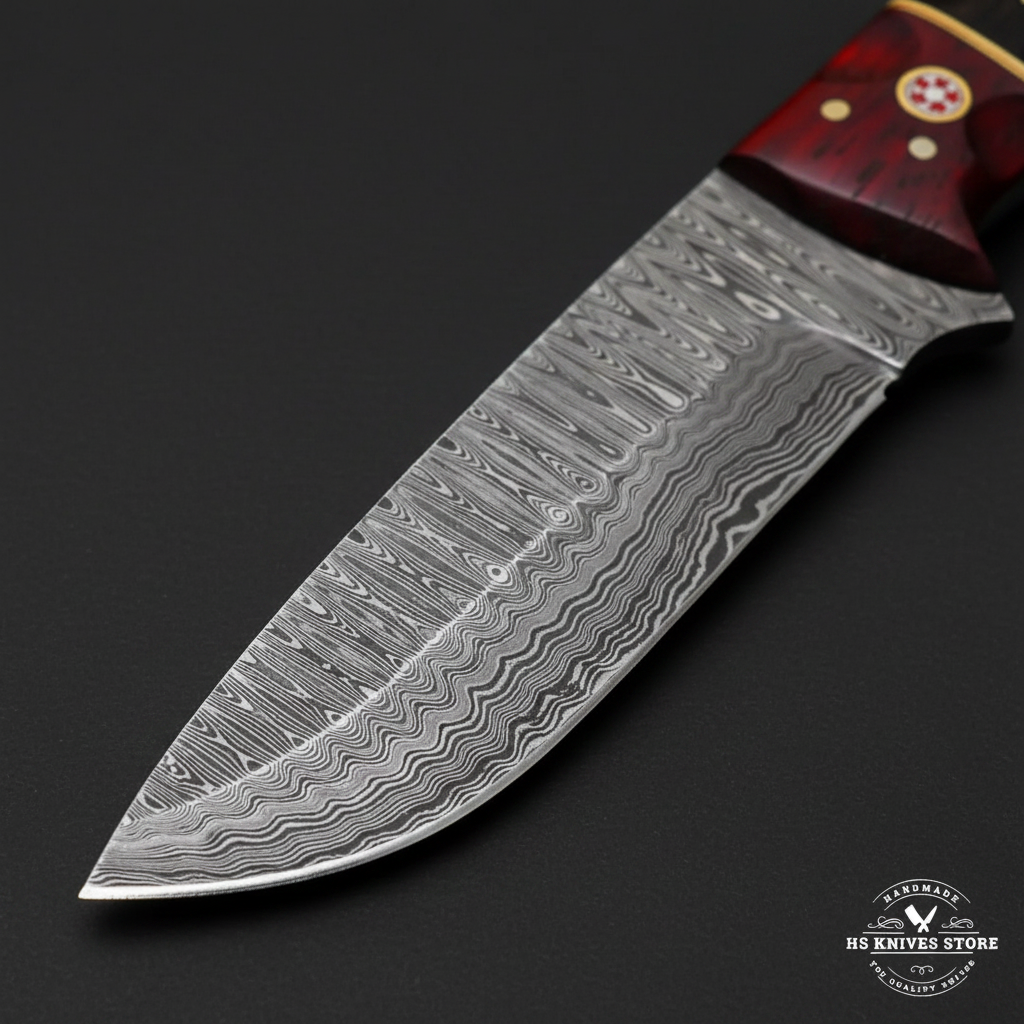 Close-up macro of Damascus steel hunting knife blade showing wavy flowing wave Damascus pattern and polished cutting edge and drop point tip