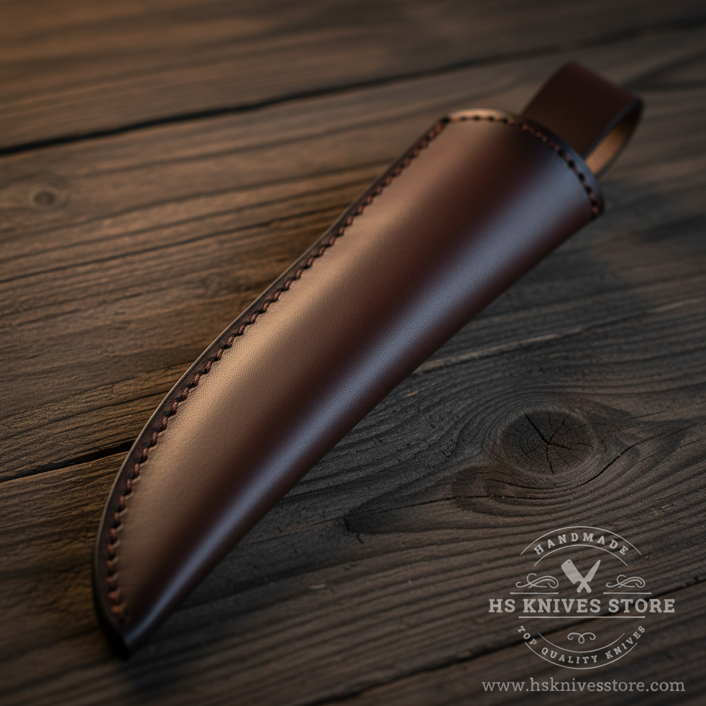 Close-up macro of dark chocolate brown leather sheath with plain smooth finish and brown whip stitching along edges