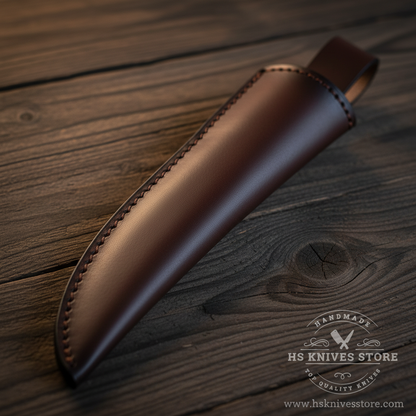 Close-up macro of dark chocolate brown leather sheath with plain smooth finish and brown whip stitching along edges
