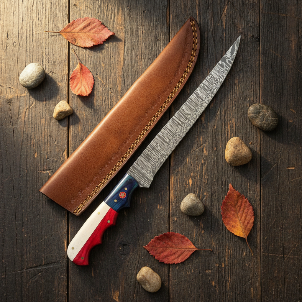 Handmade Damascus fillet knife flat lay on rustic wood with brown leather sheath and gold stitching