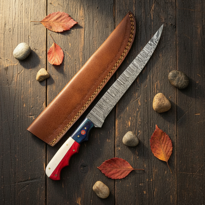Handmade Damascus fillet knife flat lay on rustic wood with brown leather sheath and gold stitching