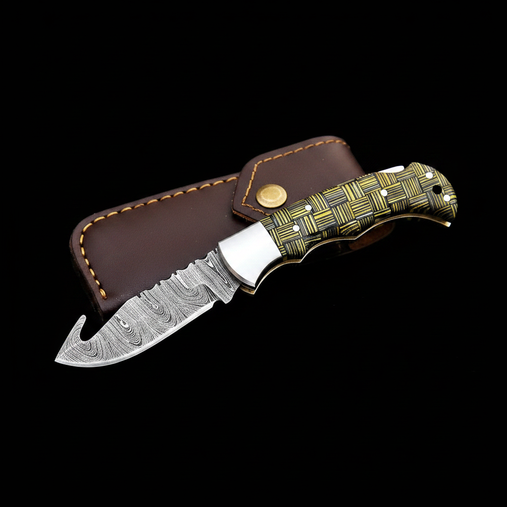 Damascus folding knife woven composite handle black studio left facing mirror shot
