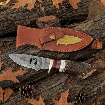 Handmade Damascus skinner knife flat lay with leather sheath on rustic wood