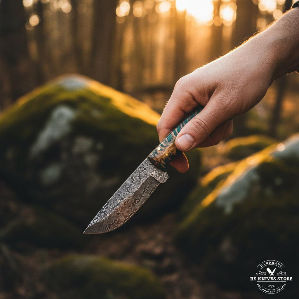 Hand gripping emerald green resin pine cone handle Damascus skinner knife in outdoor forest hunting action shot with golden hour light