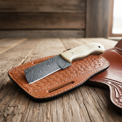 Custom Damascus steel cowboy bull cutter knife in a Western cabin setting