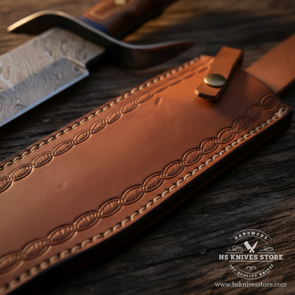 Close-up macro of tan cognac leather sheath with chain-link rope embossed border tooling and snap strap closure with brass rivet