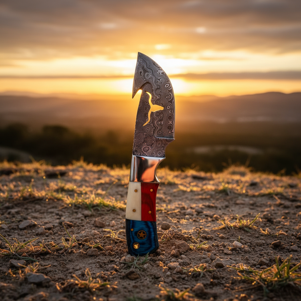 Damascus skinner knife displayed upright on hilltop at sunrise with dramatic golden orange sky