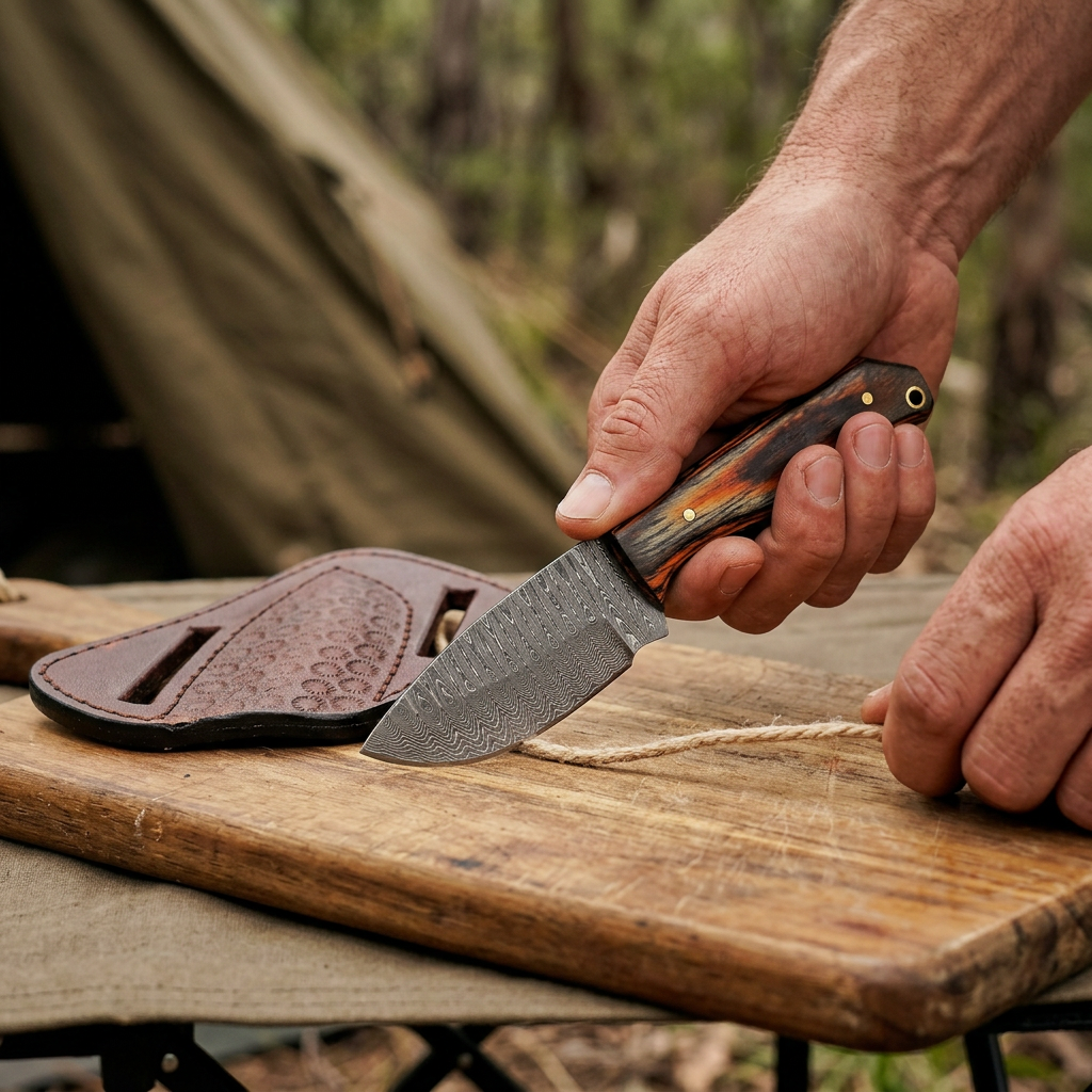 Mini Damascus knife in use cutting soft cord on a wooden camping board
