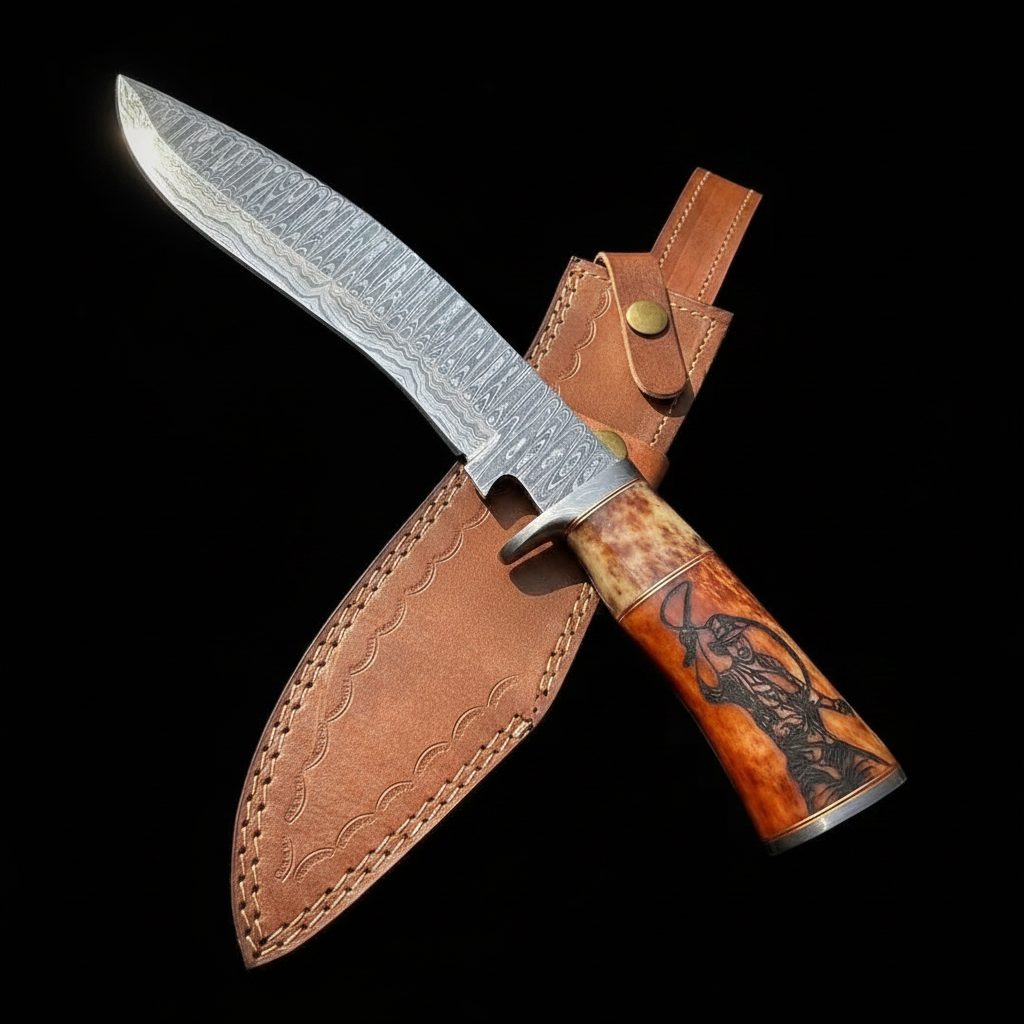 Damascus Bowie knife colored bone handle engraved stag black background mirror studio shot
