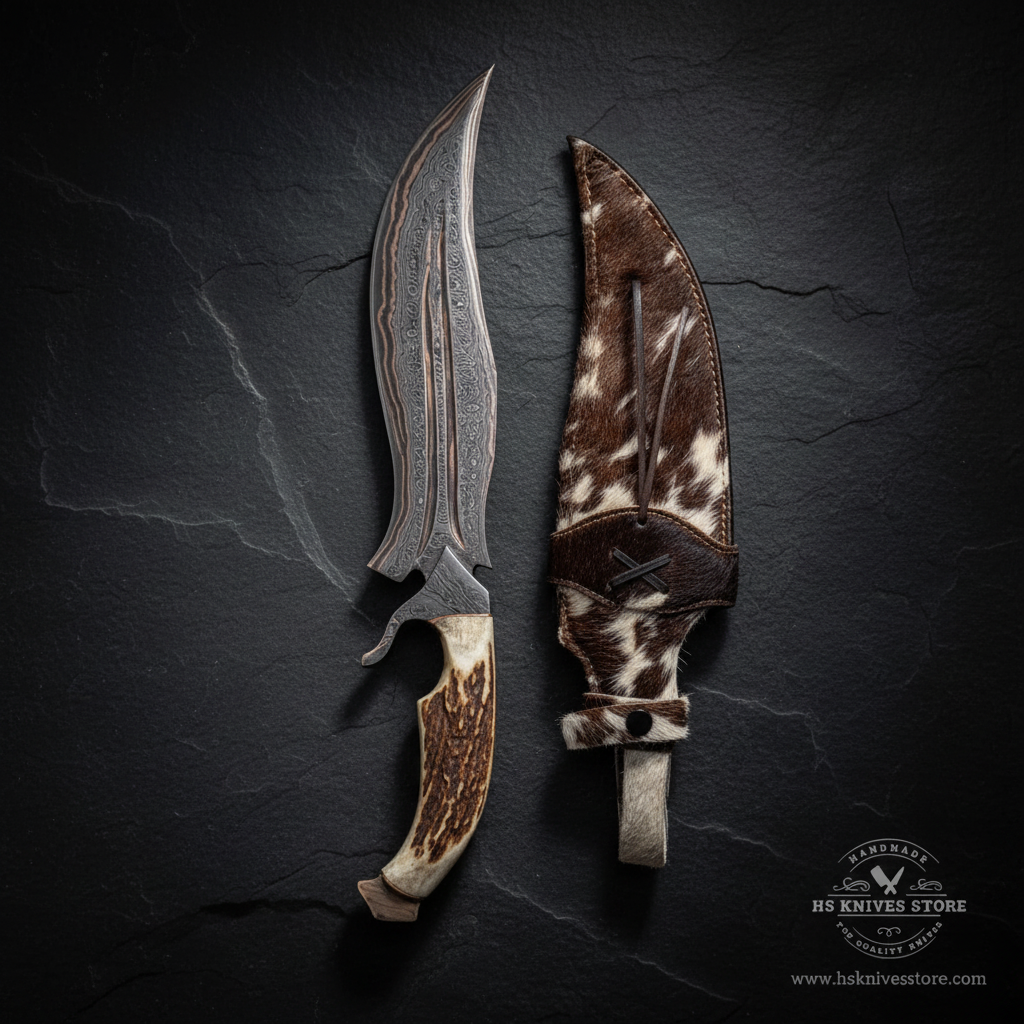 Vertical luxury shot of Damascus copper Bowie knife stag handle on dark slate background with cowhide fur sheath