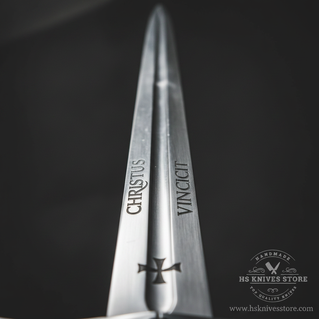 Close-up macro of Knights Templar Accolade sword blade showing CHRISTUS VINCIT Latin engraving and Templar cross etching detail