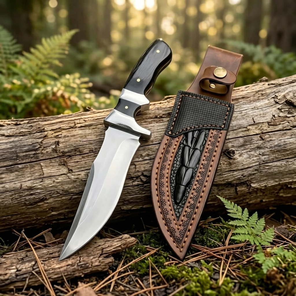 D2 Bowie knife and separate sheath in an outdoor woodland collector setting
