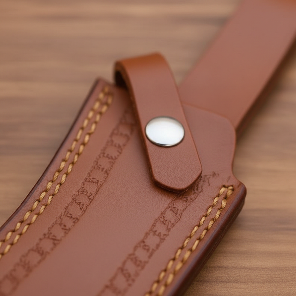 Hand-stitched tan leather sheath Damascus Bowie knife close-up