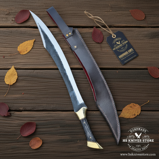 Curved carbon steel Falcata collector blade and brown leather sheath on rustic wood with HS Knives Store hang tag
