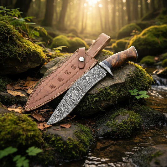 A fixed-blade knife with a patterned steel blade and a brown handle rests on a mossy rock beside a stream in a forest, with its brown leather sheath nearby.