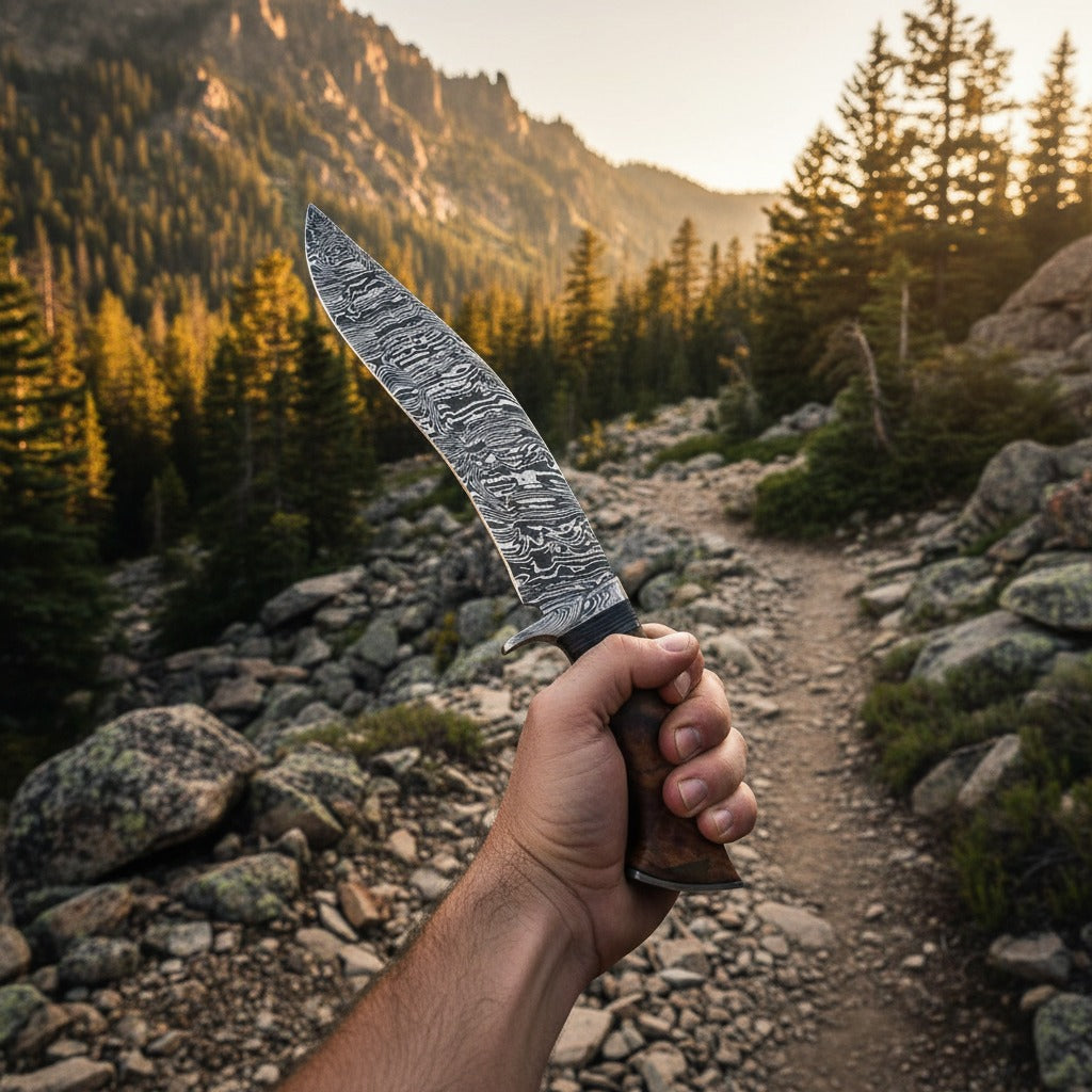 A hand holding a large fixed-blade knife with a patterned steel blade and a brown wooden handle, set against a rocky mountain trail and pine forest background.