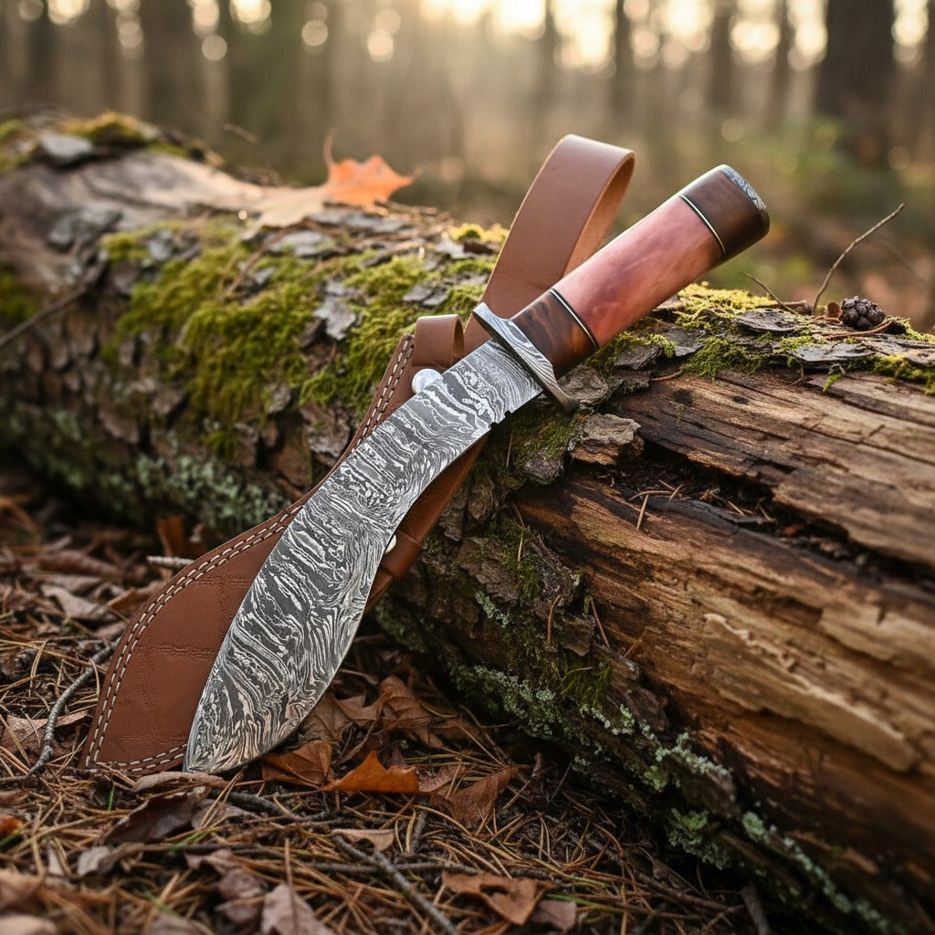 Colour Camel Bone Handle Damascus Kukri Knife — Rose Bone, Brass Bolster | HS-869 HS Knives Store