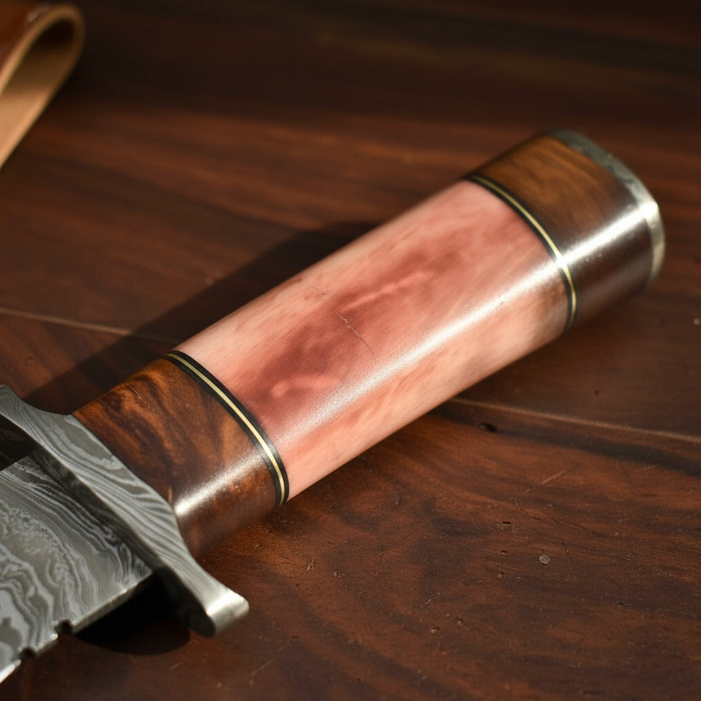 Colour Camel Bone Handle Damascus Kukri Knife — Rose Bone, Brass Bolster | HS-869 HS Knives Store