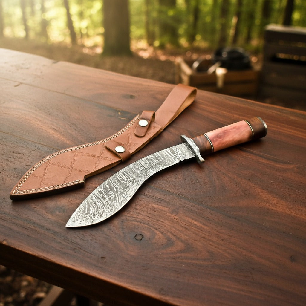 Colour Camel Bone Handle Damascus Kukri Knife — Rose Bone, Brass Bolster | HS-869 HS Knives Store