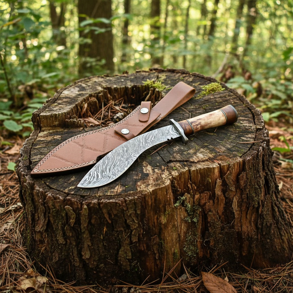 Natural Camel Bone Handle Damascus Kukri Knife — Wood Spacer & Brass Bolster | HS-870 HS Knives Store