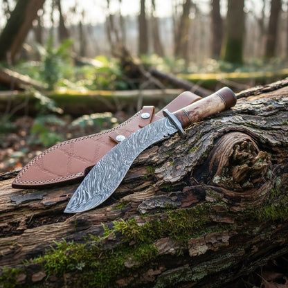 Natural Camel Bone Handle Damascus Kukri Knife — Wood Spacer & Brass Bolster | HS-870 HS Knives Store