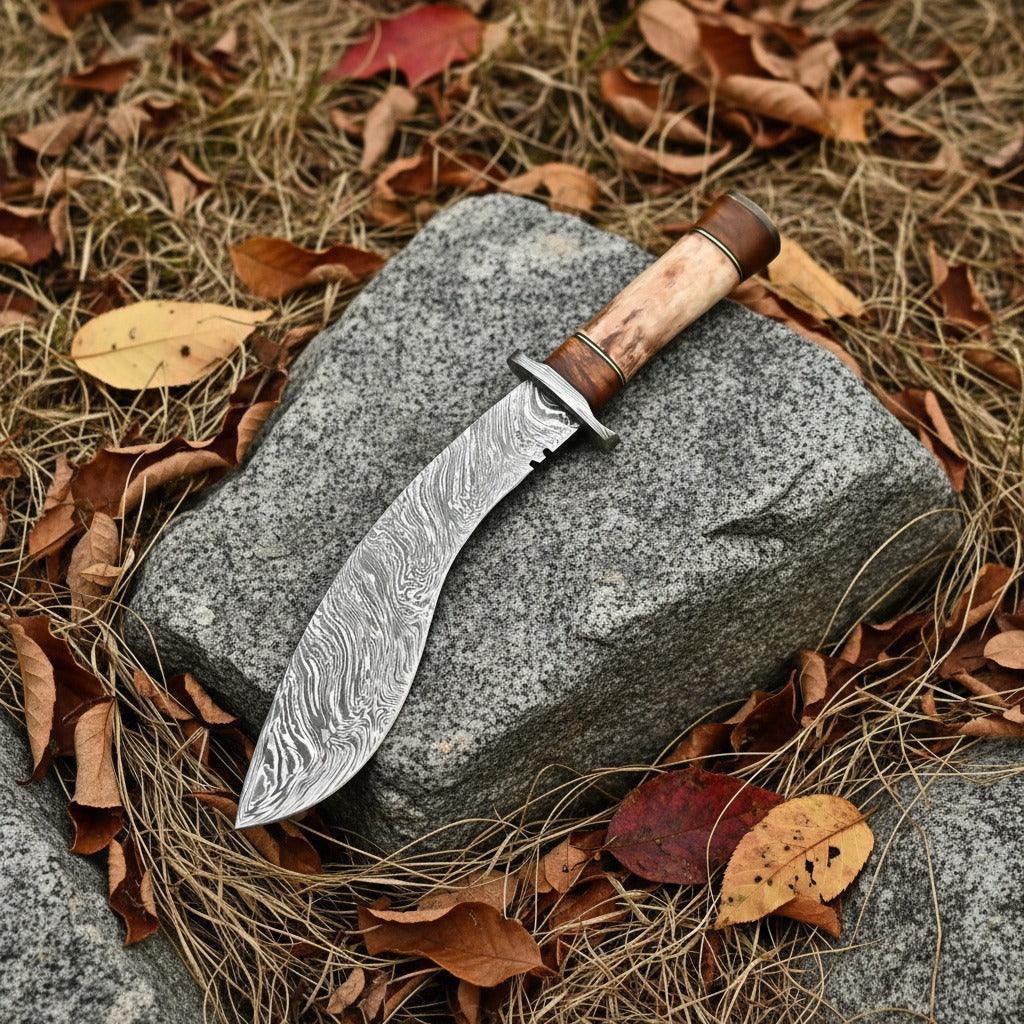 Natural Camel Bone Handle Damascus Kukri Knife — Wood Spacer & Brass Bolster | HS-870 HS Knives Store