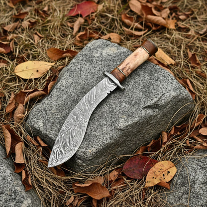 Natural Camel Bone Handle Damascus Kukri Knife — Wood Spacer & Brass Bolster | HS-870 HS Knives Store