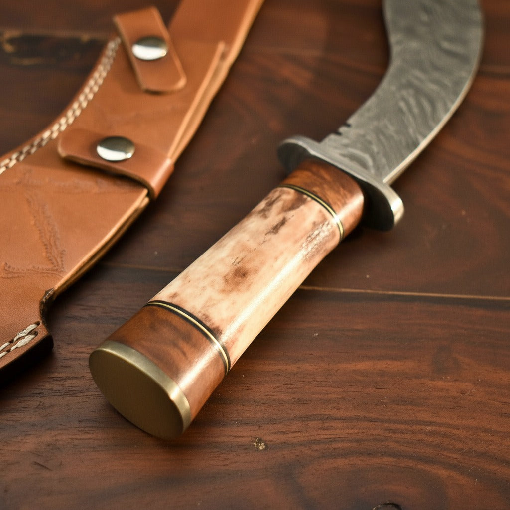 Natural Camel Bone Handle Damascus Kukri Knife — Wood Spacer & Brass Bolster | HS-870 HS Knives Store