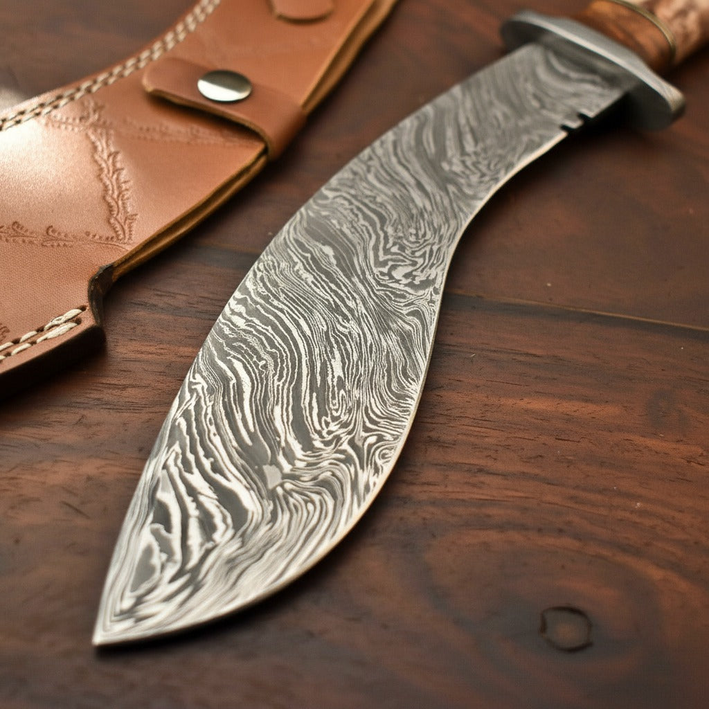 Natural Camel Bone Handle Damascus Kukri Knife — Wood Spacer & Brass Bolster | HS-870 HS Knives Store