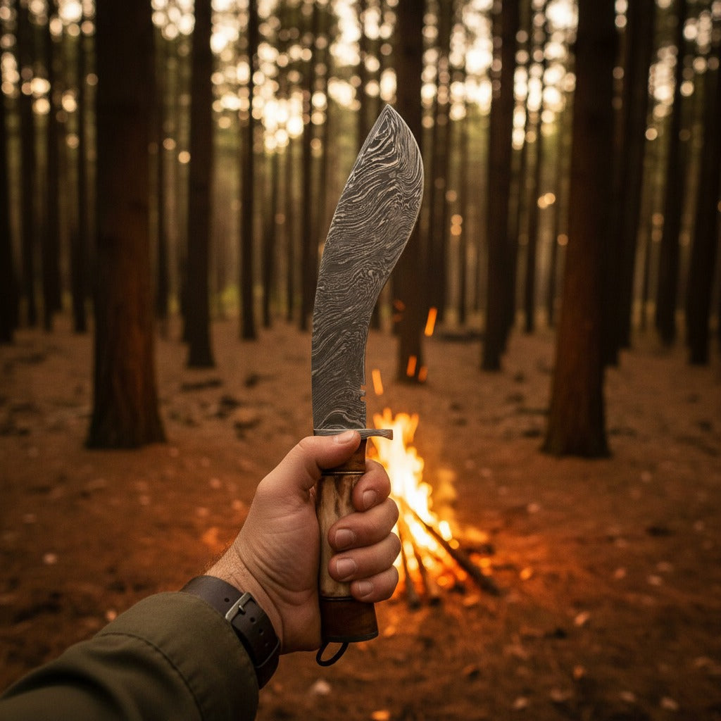 Natural Camel Bone Handle Damascus Kukri Knife — Wood Spacer & Brass Bolster | HS-870 HS Knives Store