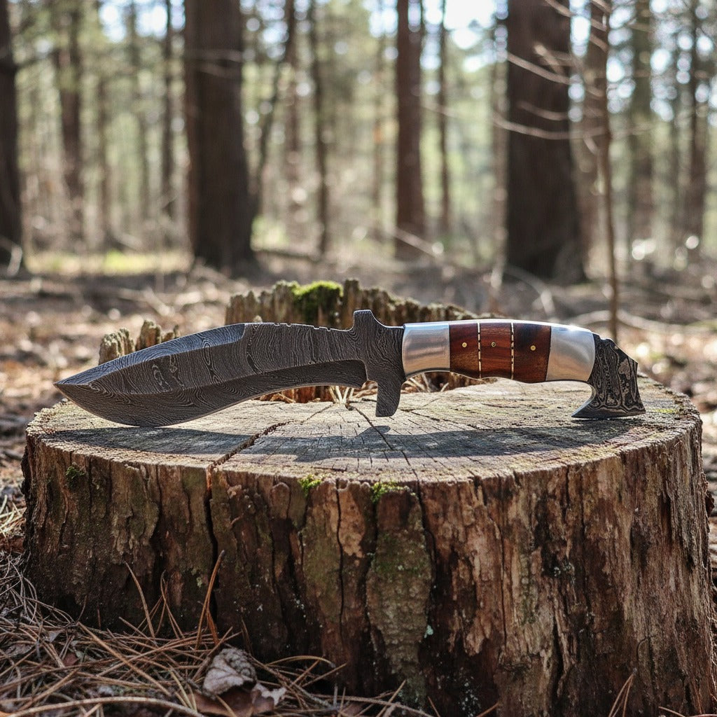 12 Inch Hard Wood Handle Damascus Kukri Knife — Steel Bolsters & Brass Pins | HS-871 HS Knives Store