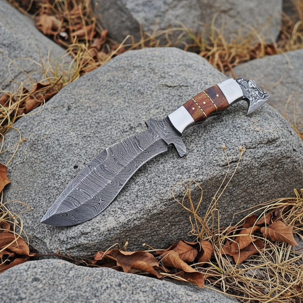 12 Inch Hard Wood Handle Damascus Kukri Knife — Steel Bolsters & Brass Pins | HS-871 HS Knives Store