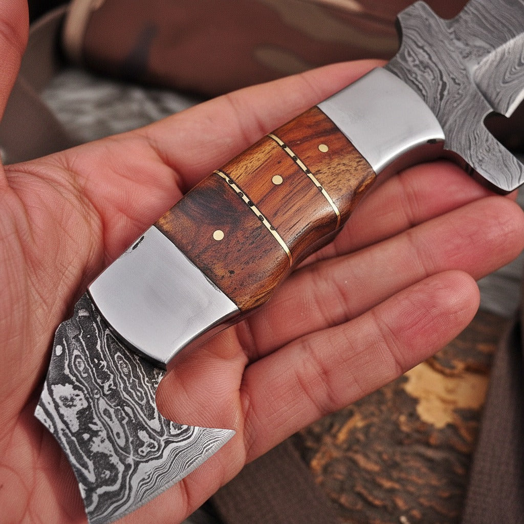 12 Inch Hard Wood Handle Damascus Kukri Knife — Steel Bolsters & Brass Pins | HS-871 HS Knives Store