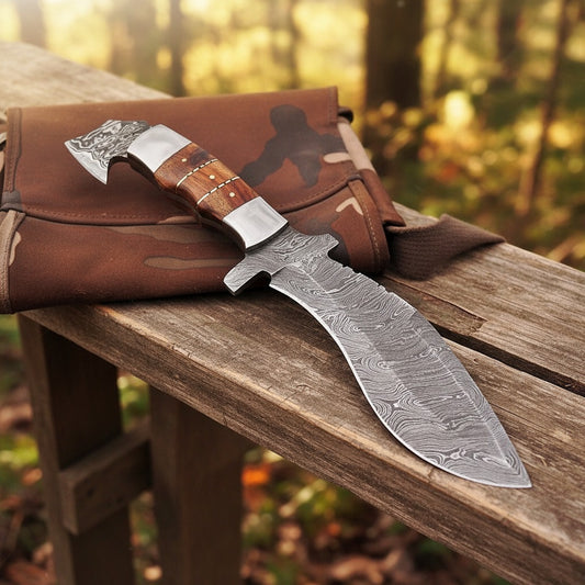 12 Inch Hard Wood Handle Damascus Kukri Knife — Steel Bolsters & Brass Pins | HS-871 HS Knives Store