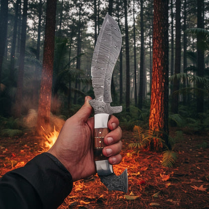12 Inch Hard Wood Handle Damascus Kukri Knife — Steel Bolsters & Brass Pins | HS-871 HS Knives Store