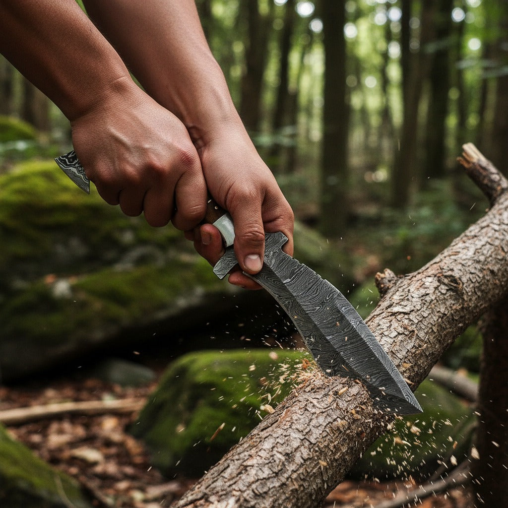 12 Inch Hard Wood Handle Damascus Kukri Knife — Steel Bolsters & Brass Pins | HS-871 HS Knives Store
