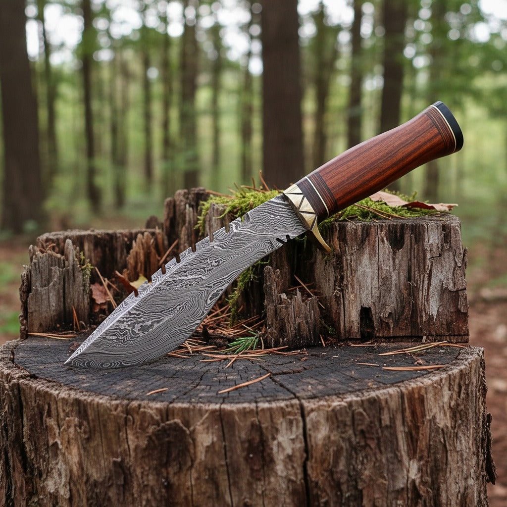 12 Inch Rosewood Handle Damascus Kukri Knife — Brass Bolster & Black Spacer | HS-872 HS Knives Store