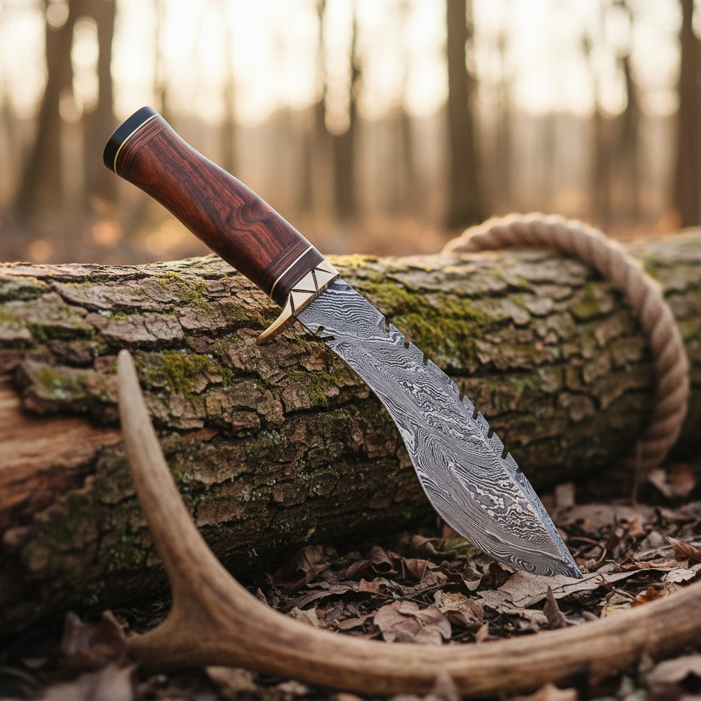 12 Inch Rosewood Handle Damascus Kukri Knife — Brass Bolster & Black Spacer | HS-872 HS Knives Store