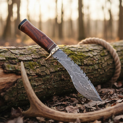 12 Inch Rosewood Handle Damascus Kukri Knife — Brass Bolster & Black Spacer | HS-872 HS Knives Store