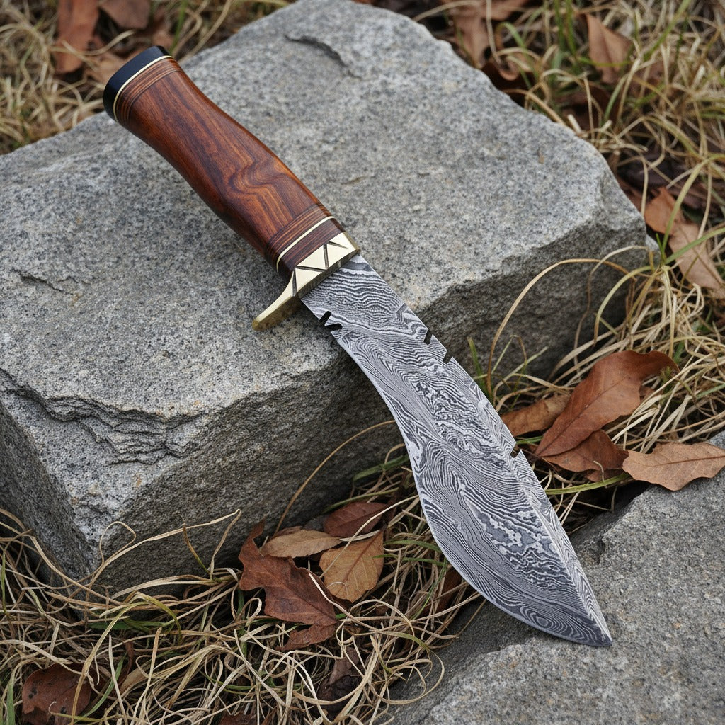 12 Inch Rosewood Handle Damascus Kukri Knife — Brass Bolster & Black Spacer | HS-872 HS Knives Store