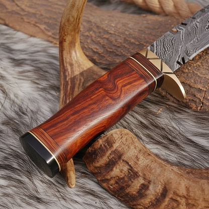 12 Inch Rosewood Handle Damascus Kukri Knife — Brass Bolster & Black Spacer | HS-872 HS Knives Store