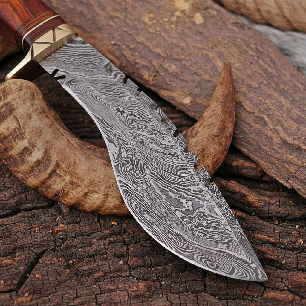 12 Inch Rosewood Handle Damascus Kukri Knife — Brass Bolster & Black Spacer | HS-872 HS Knives Store
