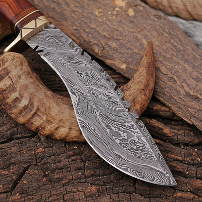 12 Inch Rosewood Handle Damascus Kukri Knife — Brass Bolster & Black Spacer | HS-872 HS Knives Store