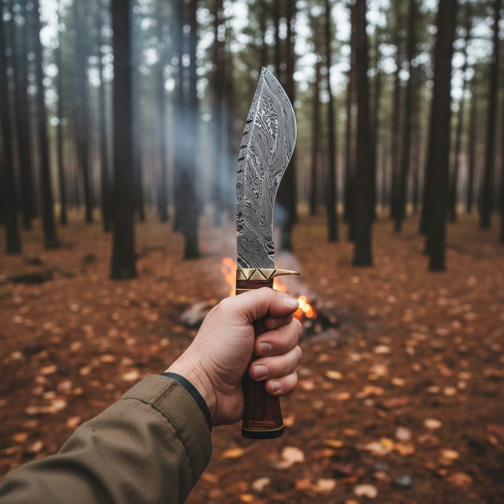 12 Inch Rosewood Handle Damascus Kukri Knife — Brass Bolster & Black Spacer | HS-872 HS Knives Store