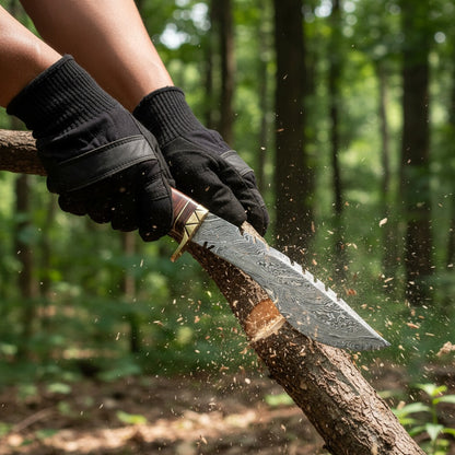 12 Inch Rosewood Handle Damascus Kukri Knife — Brass Bolster & Black Spacer | HS-872 HS Knives Store
