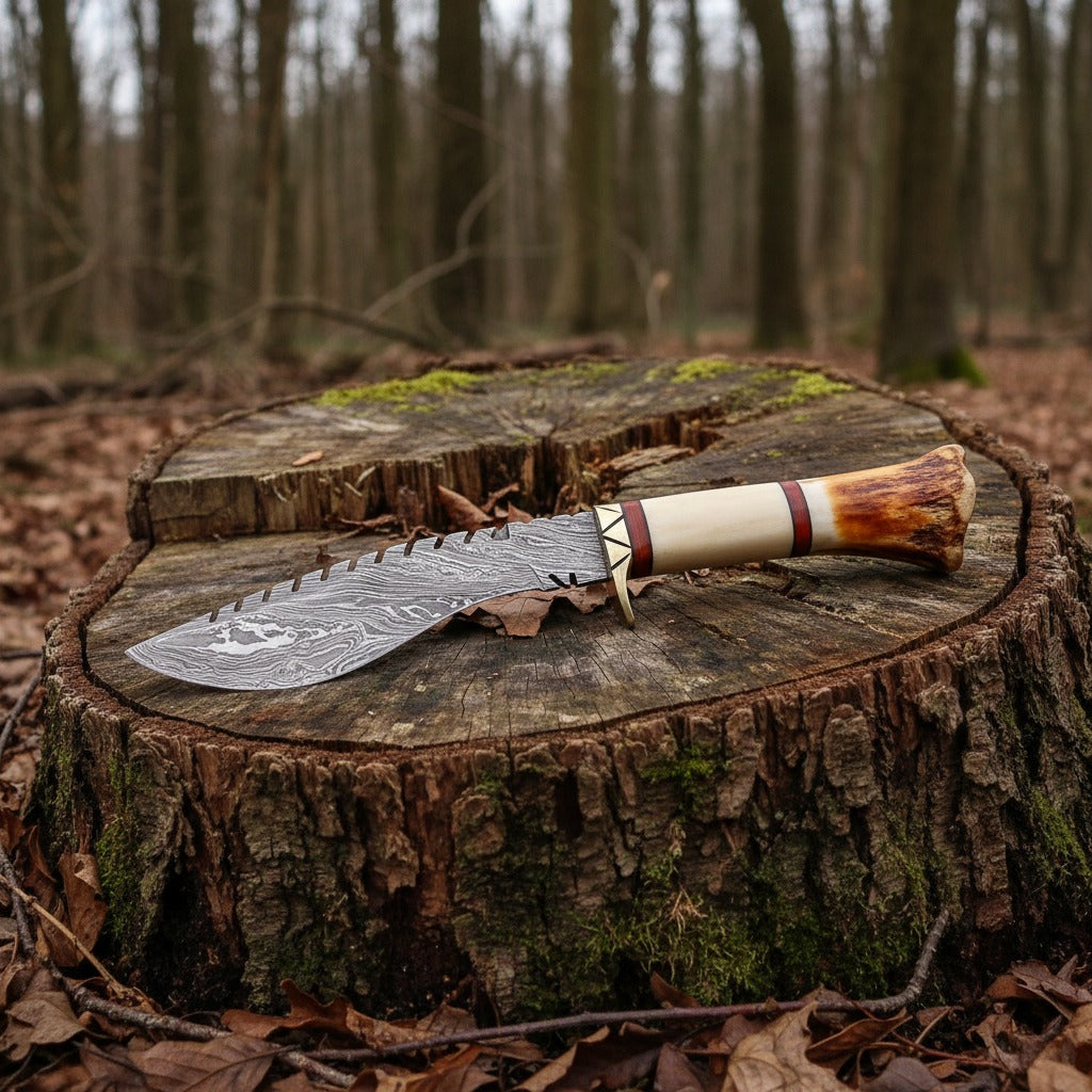 A fixed-blade knife with a patterned steel blade, serrated edge, and a dual-toned bone and horn handle, resting on a mossy tree stump in a forest setting.