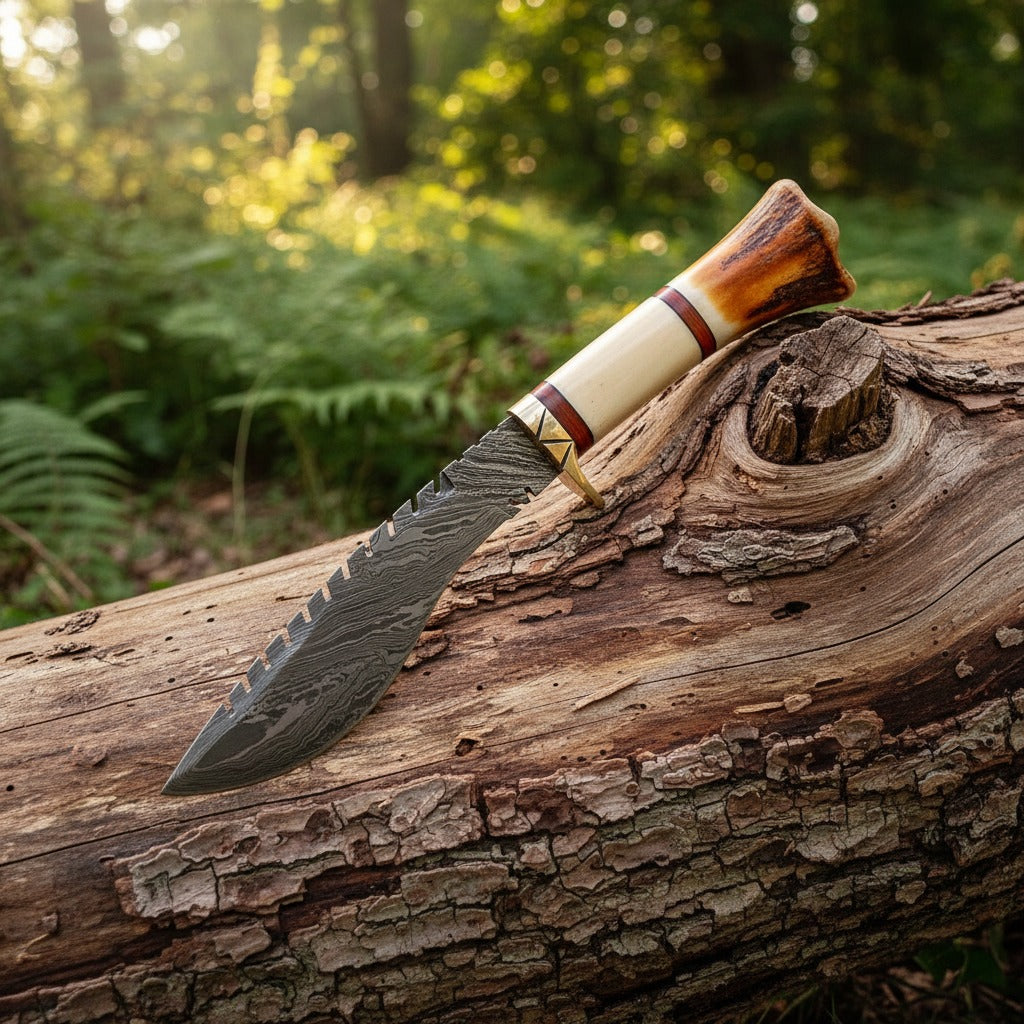 A fixed-blade knife with a patterned steel blade, a cream handle, and a brown horn tip rests on a weathered log in a sunlit forest setting.