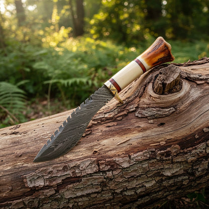 A fixed-blade knife with a patterned steel blade, a cream handle, and a brown horn tip rests on a weathered log in a sunlit forest setting.