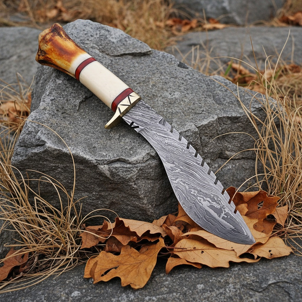 A fixed-blade knife with a patterned steel blade, a cream-colored bone handle, and red accents, resting on a gray rock with dry leaves and grass.